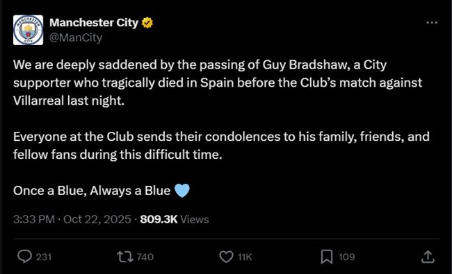 Một CĐV Man City qua đời ngay trước trận gặp Villarreal tại Cúp C1